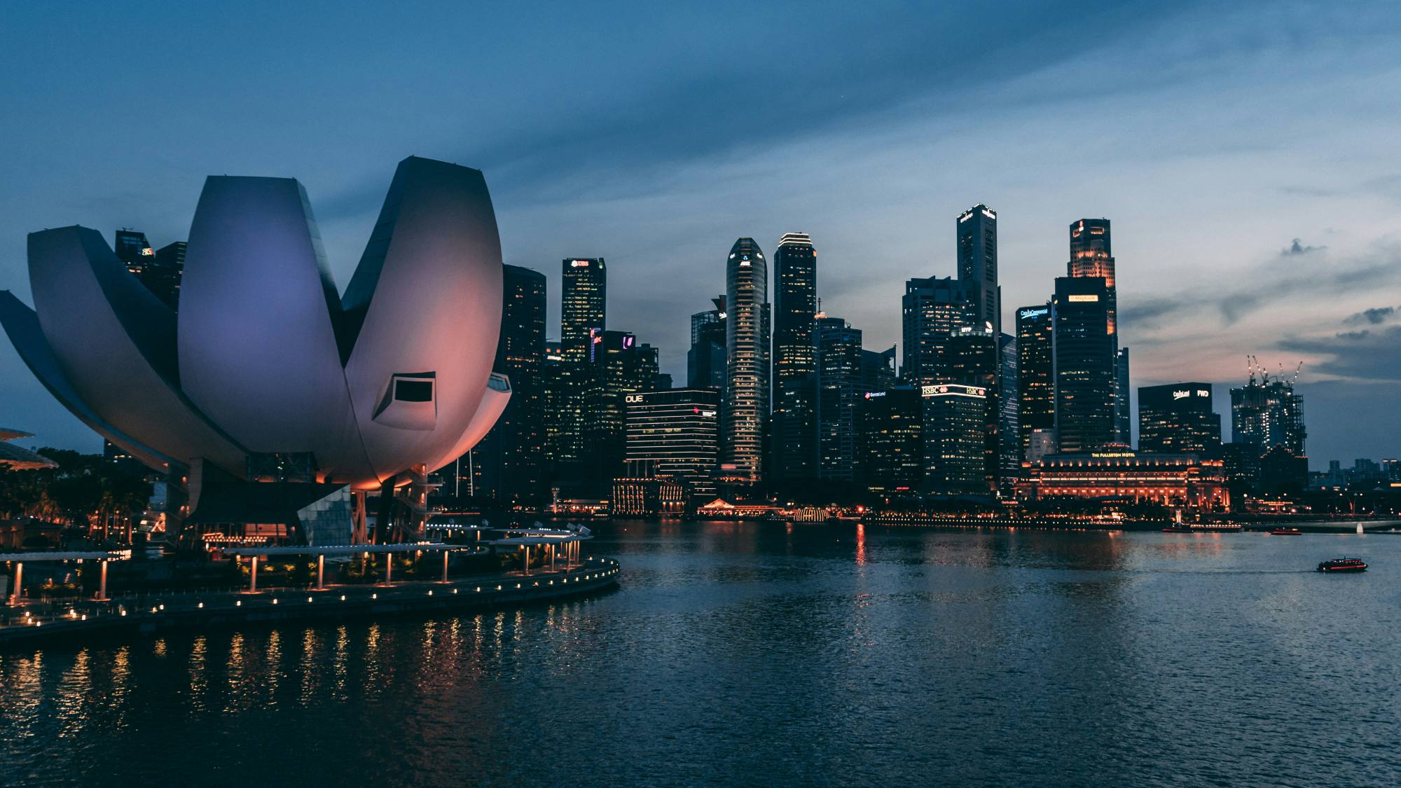 De skyline van Singapore bij avond